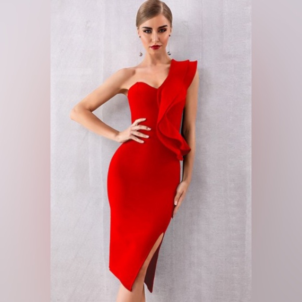 Red Asymmetrical One Shoulder Ruffle BodyCon Celebrity Dress